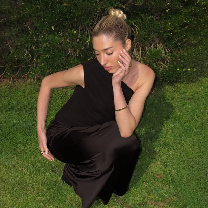 Satin Patchwork One Shoulder Backless Maxi Dress Elegant Evening Dresses Woman Party Outfits Summer