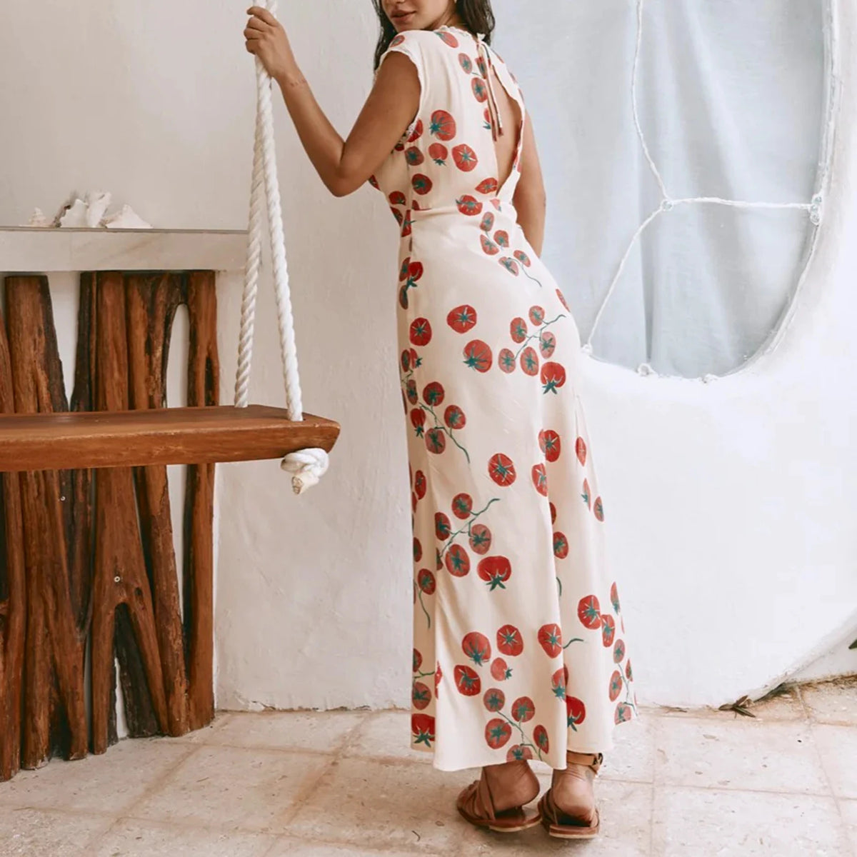 Women Y2k V Neck Maxi Dress Vintage Floral Print Sleeveless Backless Long Dress Bohemian Beach Midi Dress Streetwear