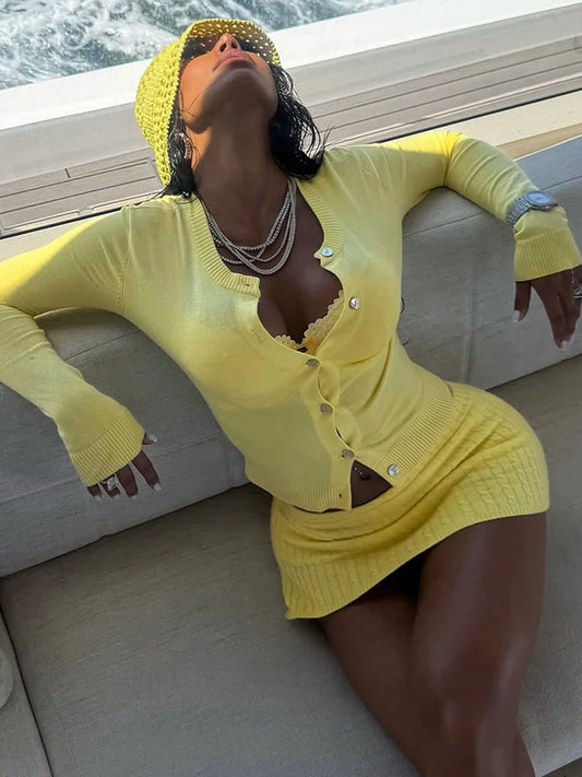 Knit 2 Piece Set Women o-Neck Single-Breasted Long Sleeve Blouse+See Through Mini Skirt Sweet Autumn Trend Casual Suits