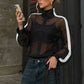 Mesh Patchwork T-Shirts Woman Bow Decoration Zip Stand Collar Full Sleeve Hot Girls High Street Fashion Style Tees