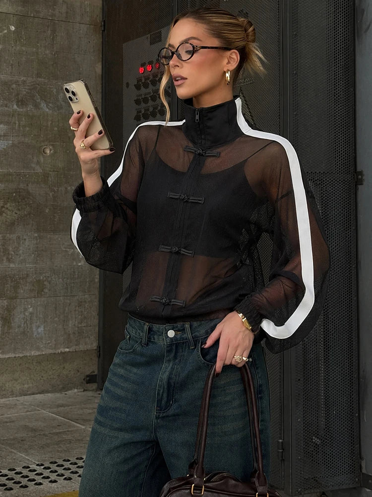 Mesh Patchwork T-Shirts Woman Bow Decoration Zip Stand Collar Full Sleeve Hot Girls High Street Fashion Style Tees