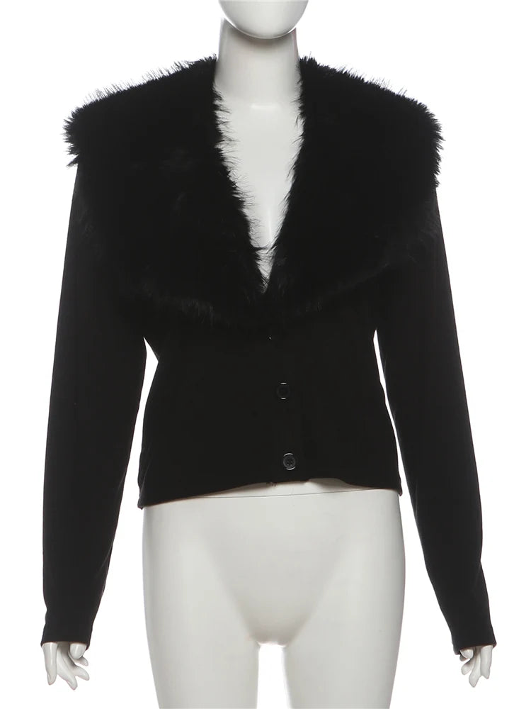 Classic Furry Patchwork Knit Jacket Woman Elegant Warm Winter V-Neck Full Sleeve Fashion Slim Banquet Party Streetwear