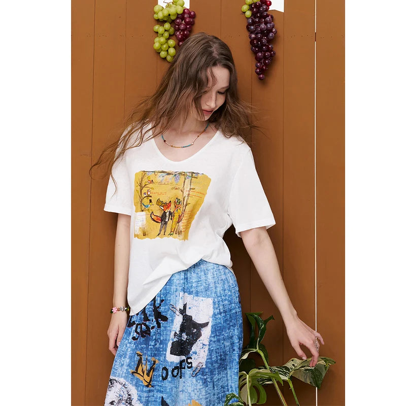 Fox Print Oversized T-Shirt, White Short Sleeve Tee Casual Cartoon Graphic Top