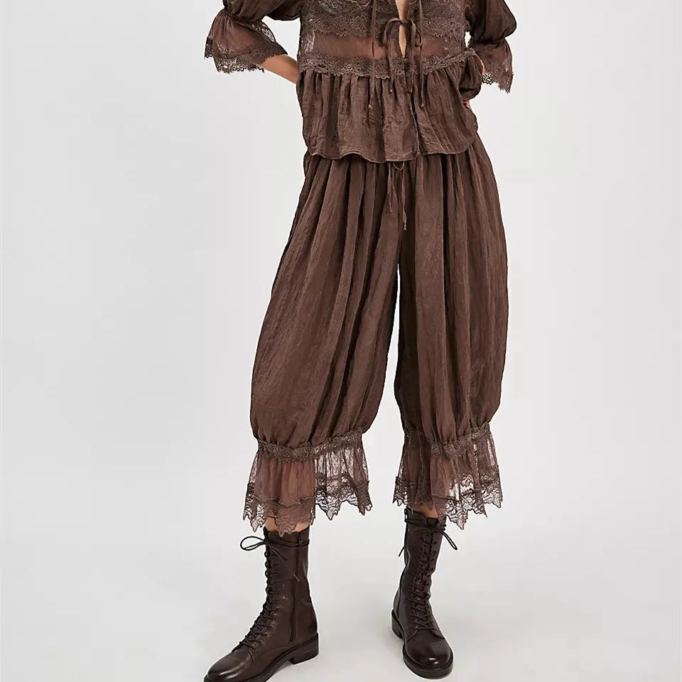 Women Ruffle Long Bloomer Y2k Lace Trim Pettipants Pantaloons Mid Rise Cropped Pajama Pants Under Dress Slips