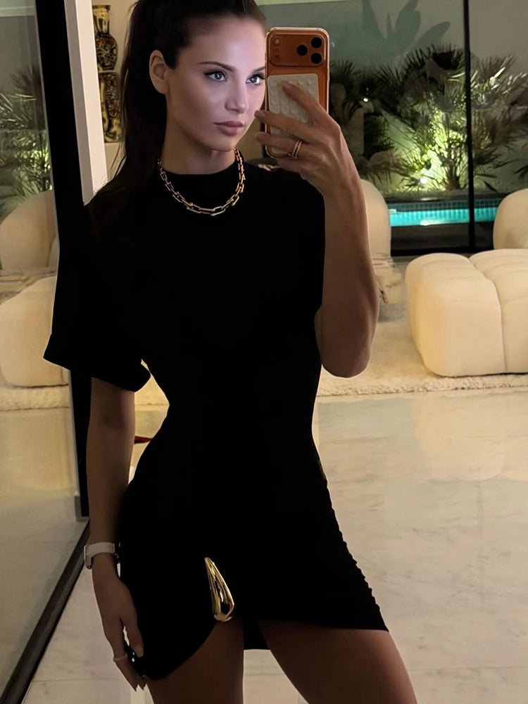 Short Sleeve Ruched Sexy Mini Dress Women Elegant Black Metal Buckle Half High Neck High Waist Bodycon Club Dress