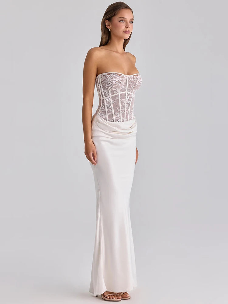 White Lace Corset Satin Sexy Maxi Dress Women Elegant Strapless Sleeveless Backless Bodycon Club Party Long Dresses