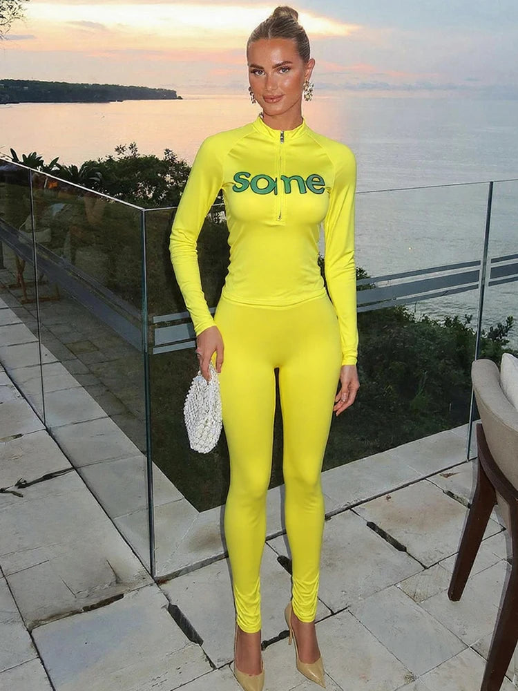 Casual Sporty Women2 Piece Set Letter Print Zip Crop Tops+Leggings Matching Street Stretch Skinny Streetwear Outfits