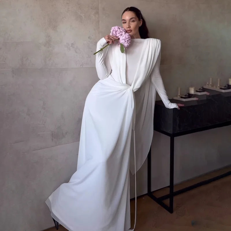 Irregular Mesh Ribbon Design Maxi Dresses Long Sleeve White Black Party Dress Elegant Luxury Evening Gown