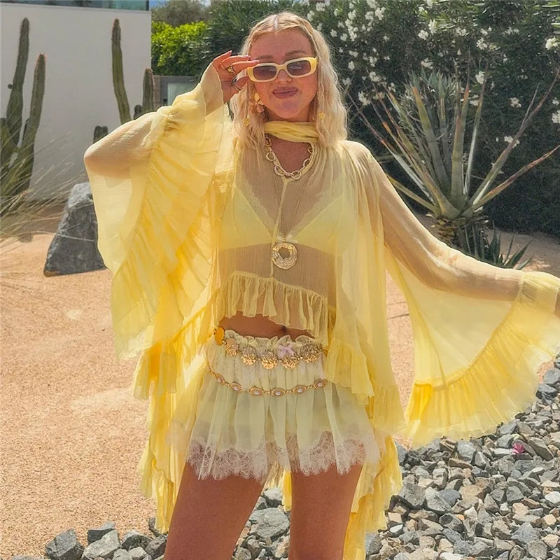 Women's Sheer Chiffon Ruffle Blouse Boho Flowy Kimono Sleeve Tie Neck Cover Up Top for Music Festival Beach Vacation