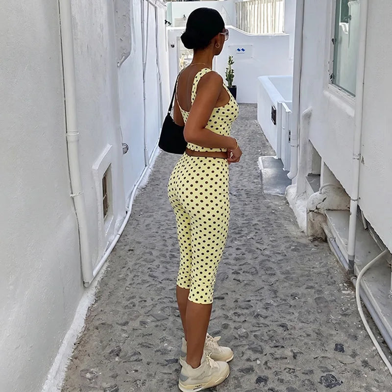 Summer Vacation Women Polka Dot Two Piece Matching Set Sleeveless Cropped Tank Top High Waist Capri Leggings Streetwear