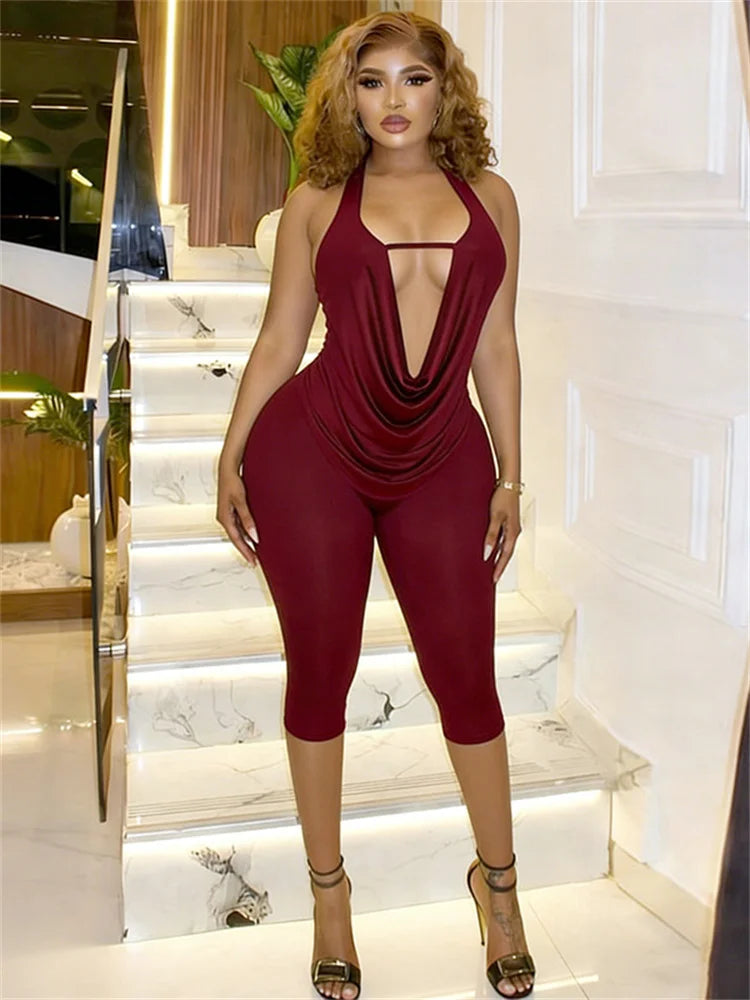 Sexy Swing Collar 2 Piece Set Women New Trend hollow Halter Bandage Sleeveless Tank Top+Mid-Length Shorts Streetwear