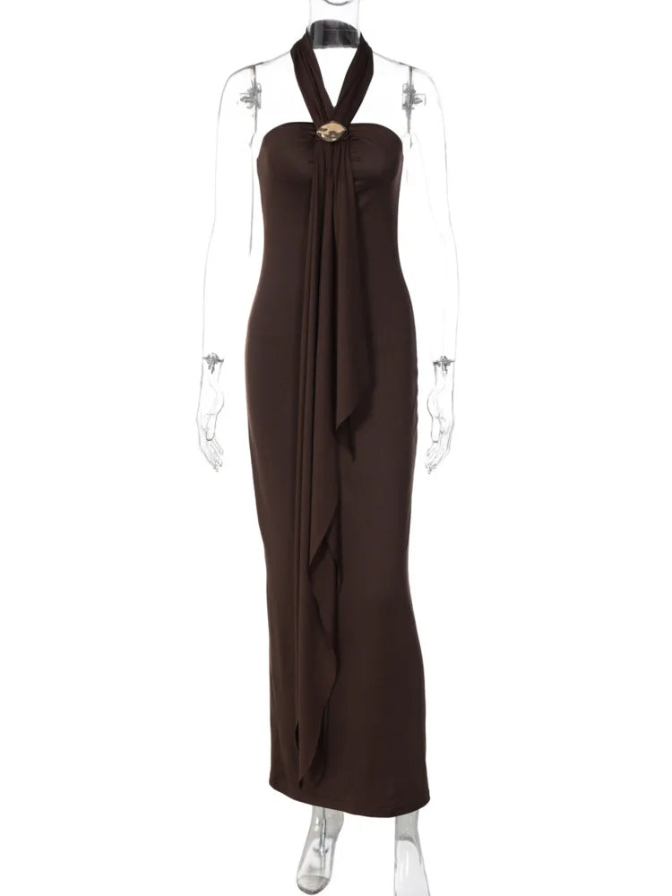 Women Halter Backless Maxi Dress Metal Buckle Decor Draped Sash Ruched Bodycon Long Dress Evening Party Wedding Dress