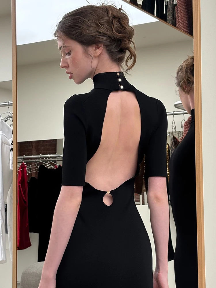 Sexy Backless Long Dress Woman Summer Trend Turtleneck Short Sleeve High Waist Skinny Stretch Prom Elegant Vestidos