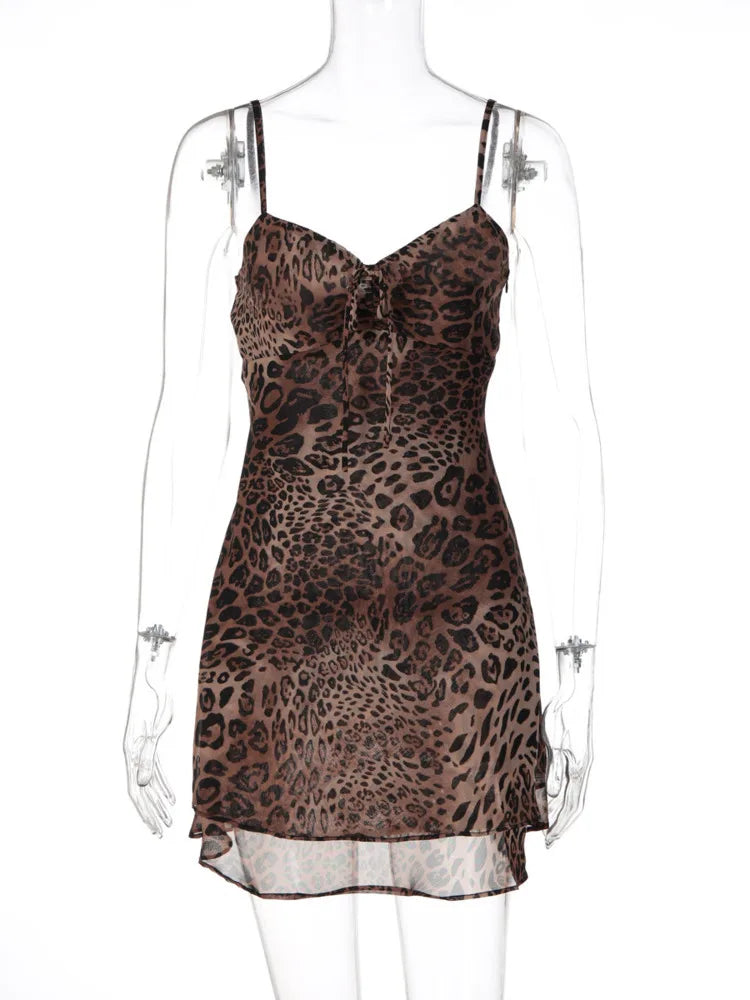 Leopard Print Backless Sexy Mini Dress Women Elegant Chiffon Spaghetti Strap Sleeveless Bodycon Club Party Dresses