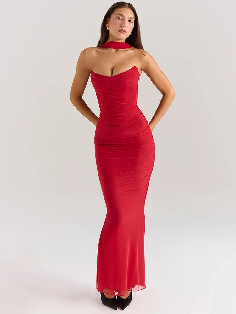 Sexy 2 Piece Set Mesh Strapless Corset Top and Maxi Skirt Co Ord Sets for Woman Elegant Party Outfit