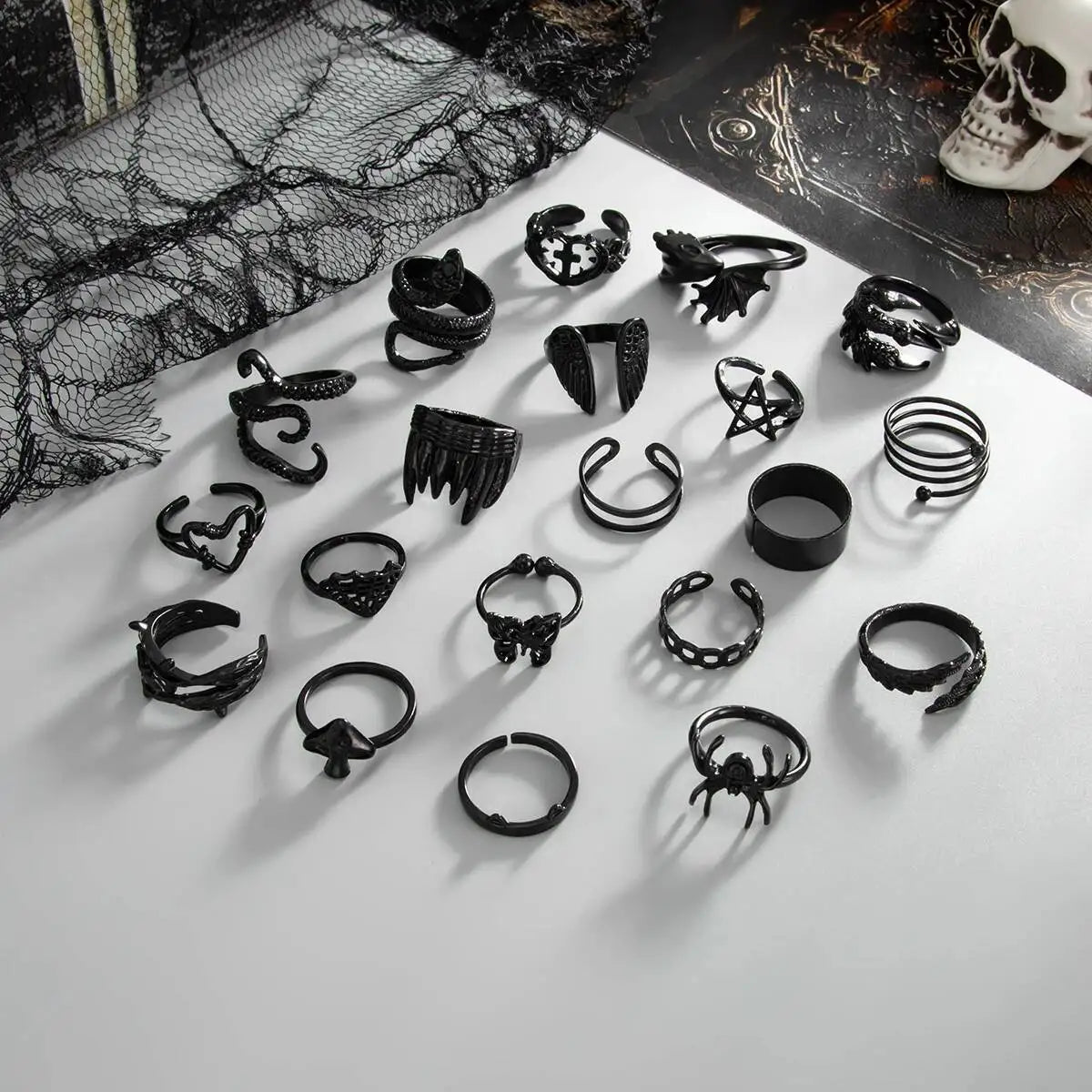 Gothic Black Open Rings Set 20 Pcs Trendy Hollow Star Heart Design with Spider Butterfly & Snake Shapes for Halloween Jewelry