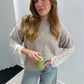 Women Fake Two Piece Sweater Lace Patchwork Long Sleeve Fuzzy Knit Top Crew Neck Loose Pullover Fall Winter Streetwear
