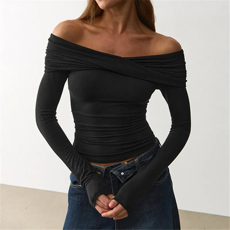 French Coquette Off Shoulder Twist Top For Women Long Sleeve Slim Ruched Basic Tee Casual Daily Going Out Blouse Top