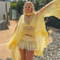 Women's Sheer Chiffon Ruffle Blouse Boho Flowy Kimono Sleeve Tie Neck Cover Up Top for Music Festival Beach Vacation