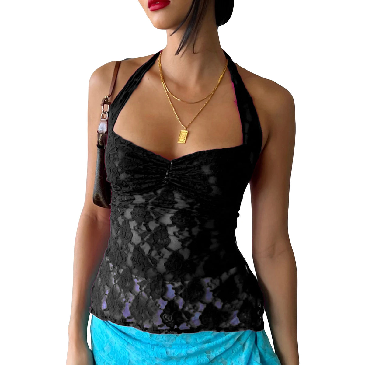 Sexy Halter Lace See Through Crop Top for Women Summer Backless Party Club Vest Tank Top Y2K Fashion Basic T-Shirt