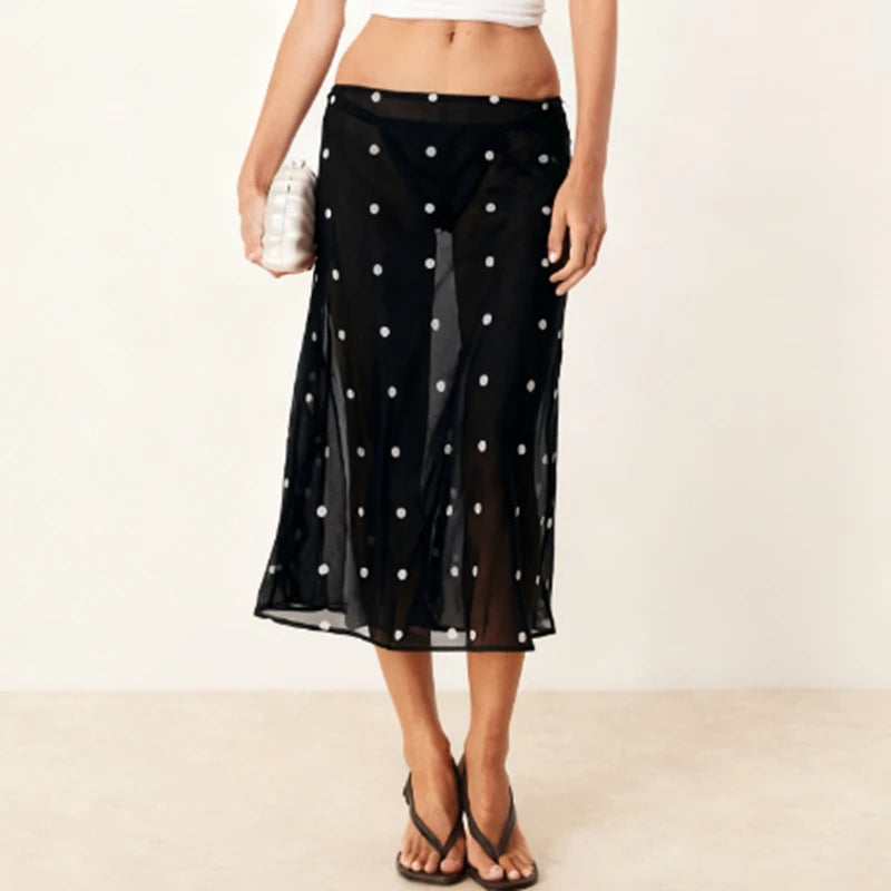 Women Polka Dot Sheer Midi Skirt Sexy See Through Low Rise Long Skirt Flowy Mesh Cover Up Maxi Skirts Beachwear