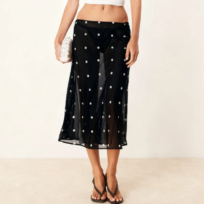 Women Polka Dot Sheer Midi Skirt Sexy See Through Low Rise Long Skirt Flowy Mesh Cover Up Maxi Skirts Beachwear