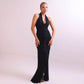 V Neck Backless Fishtail Maxi Dress Evening Party Elegant Gown Solid Color Mesh Sheer Stretchy Dresses