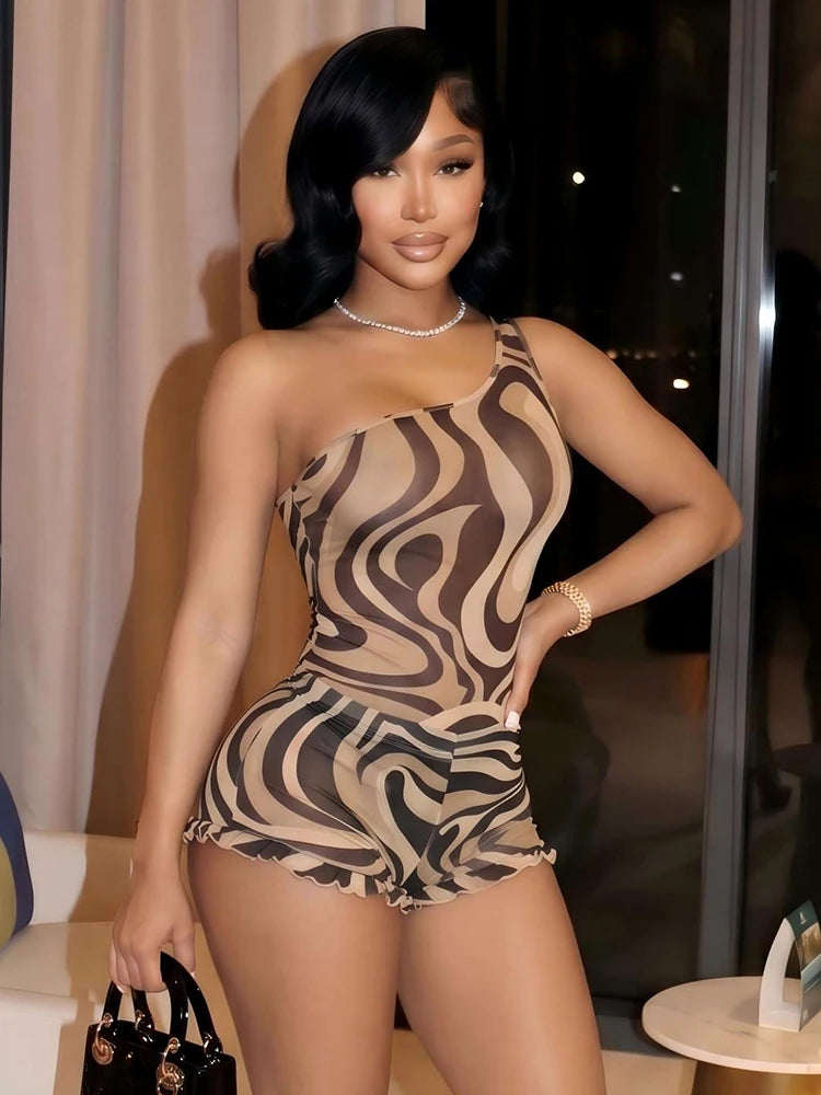 Wavy Pattern Print 2 Piece Set Woman Skew Collar Backless Tank Tops+Ruffles Edge Design Mini Shorts Sexy Fashion Suit