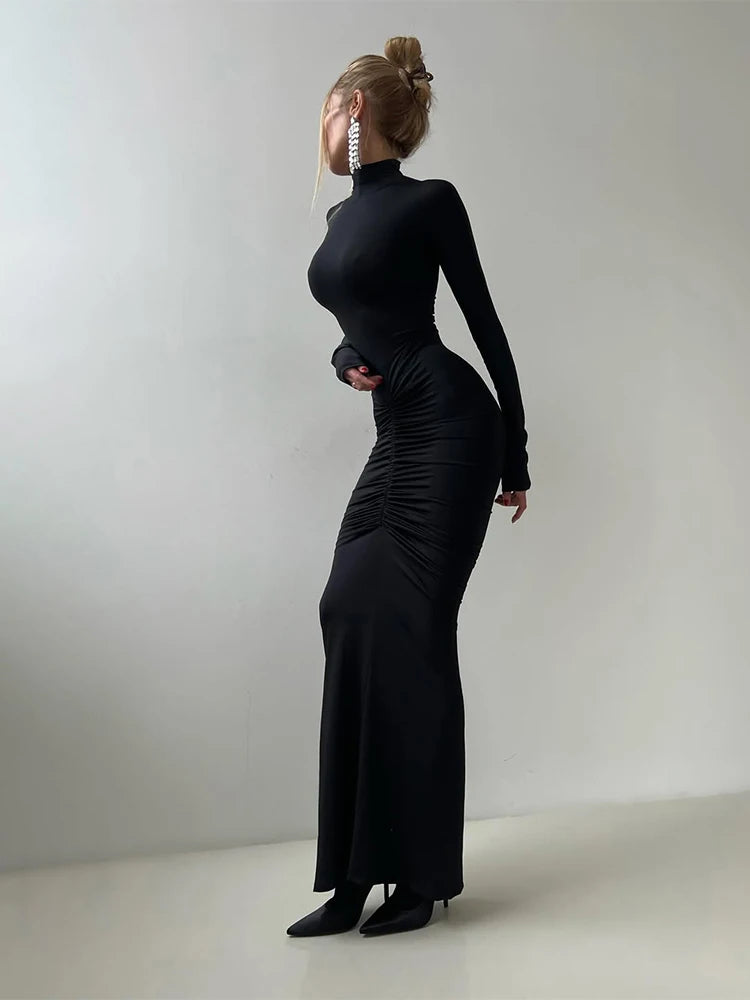 Elegant Turtleneck Dress Women Classic Ruched Fall Trend Full Sleeve Stretch Party Prom Skinny Stretch Slim Vestidos