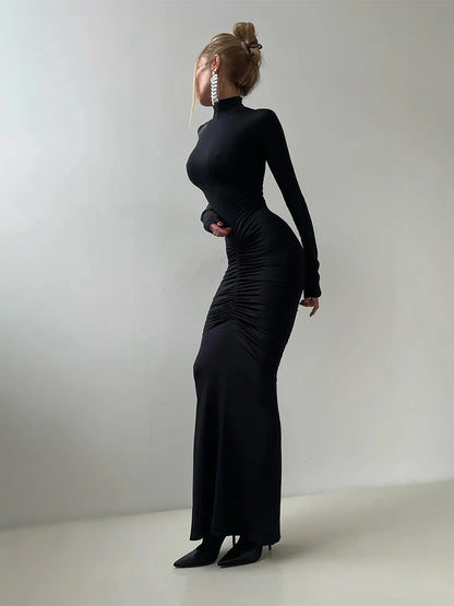 Elegant Turtleneck Dress Women Classic Ruched Fall Trend Full Sleeve Stretch Party Prom Skinny Stretch Slim Vestidos