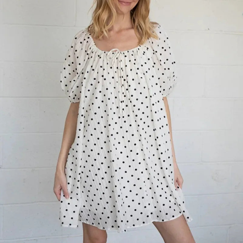 Women's French Retro Polka Dot Babydoll Mini Dress Square Neck Puff Sleeve Loose Fit Swing Dress Casual Summer Sundress