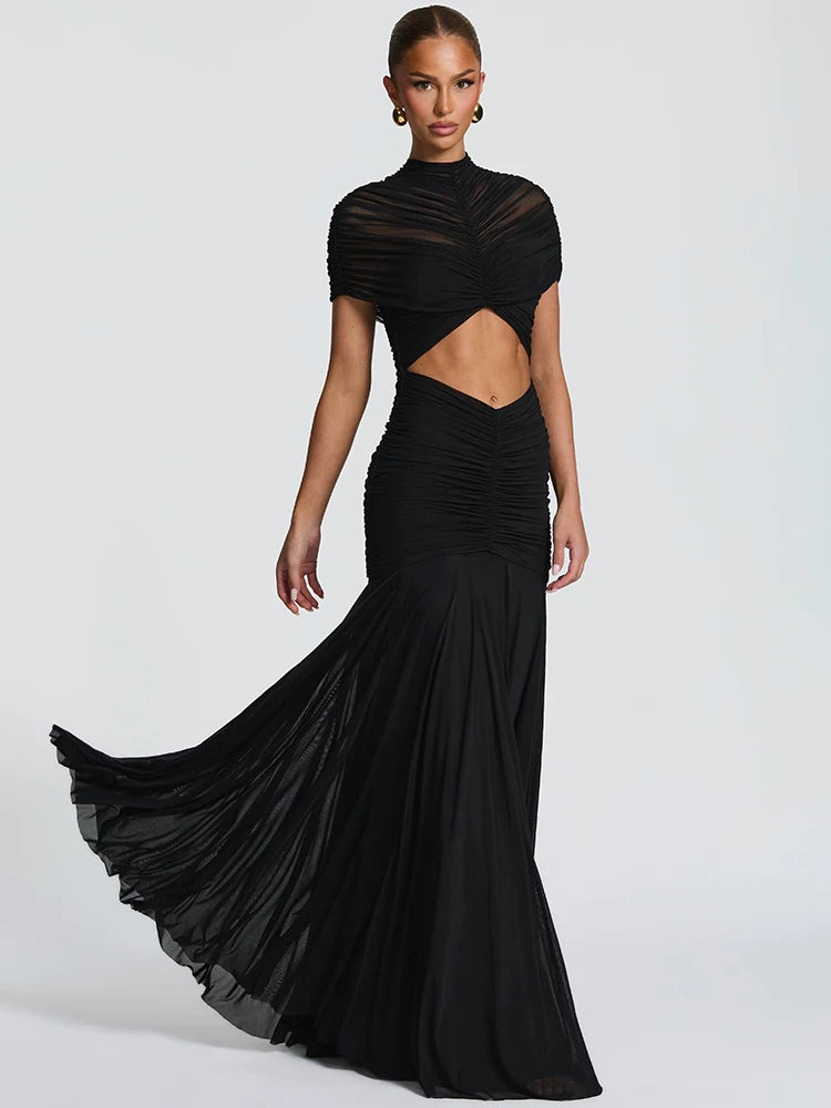 Short Sleeve Ruched Sexy Maxi Dress Women Elegant Hollow Out Turtleneck Bodycon Pleated Club Party Long Dress Female