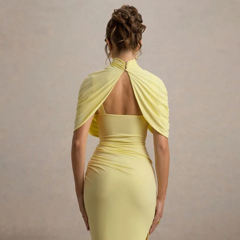 Asymmetrical Ruched Backless Long Dresses Red White Yellow Elegant Evening Party Dress Woman Birthday Outfits