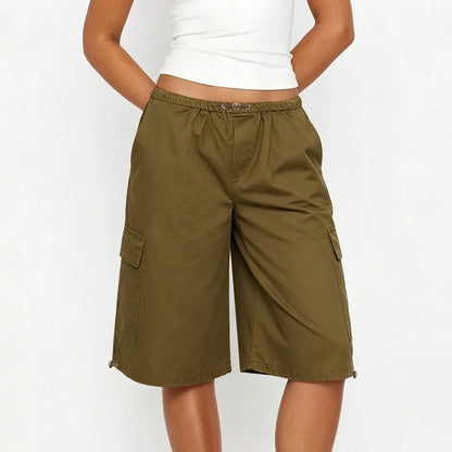 Women's Knee Length Cargo Shorts Elastic Drawstring Waist Loose Fit Bermuda Capris with Pockets Casual Streetwear Summer