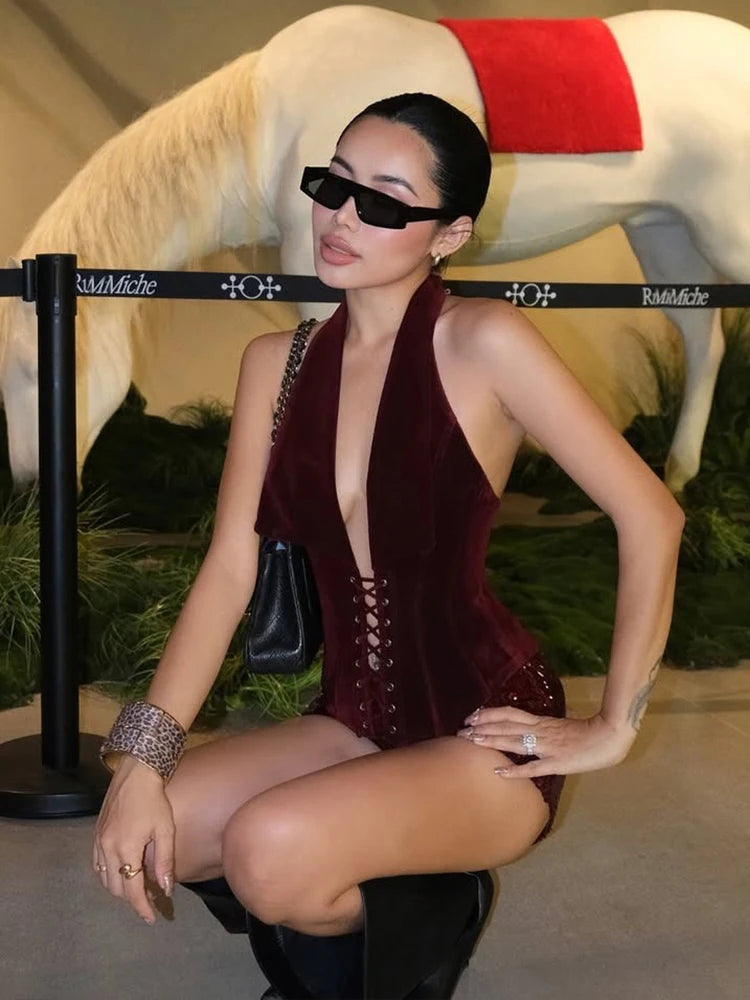 Wild Sexy 2 Piece Set Women Halter Backless Shirring Tank Top+Sequin Bike Short Trend Midnight Coquette Party Streetwear