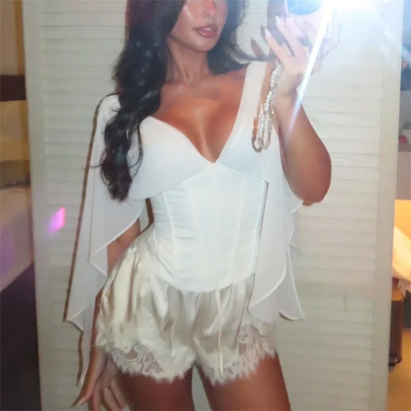 Women V Neck Corset Top Chiffon Flowy Cape Sleeve Lace Up Back Satin Bustier Slim Waist Shaping Shirt Party Night Top