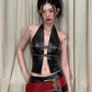 Fashion Rivet Decoration PU 2 Piece Set Woman Halter Open Collar Zipper Backless Tank Tops+Skinny Shorts Street Suits