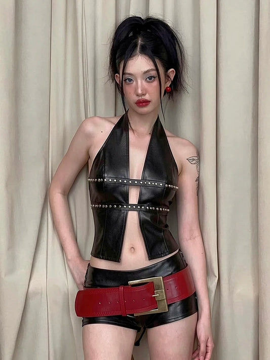 Fashion Rivet Decoration PU 2 Piece Set Woman Halter Open Collar Zipper Backless Tank Tops+Skinny Shorts Street Suits