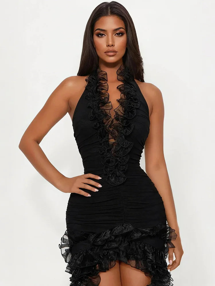 Sexy Deep V-Neck Dress Women Halter Backless Irregular Mesh Ruffles Tassel Patchwork Hem Birthday Party Solid Bodycon