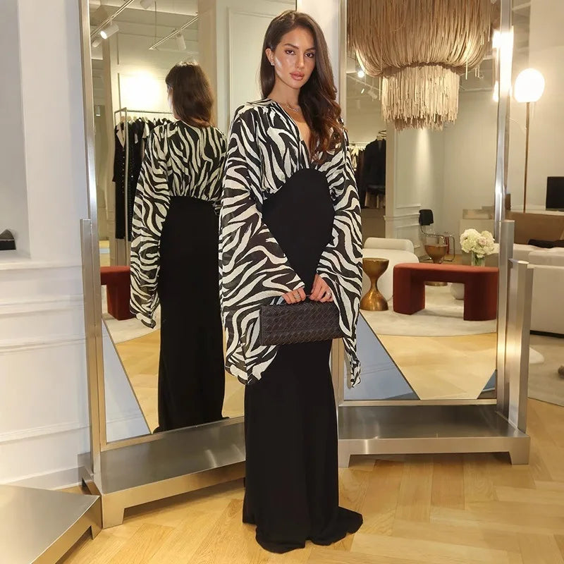 Black and White Zebra-print Flare Sleeve Deep V Neck Maxi Dress Wedding Guest Elegant Evening Dresses 2026