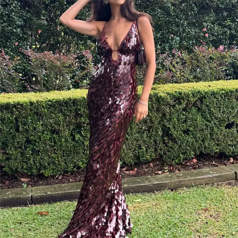 Glitter Sequins Spaghetti Straps Women's Long Maxi Dress Sleeveless Backless High Waist Sexy Evening Birthday Party Gown