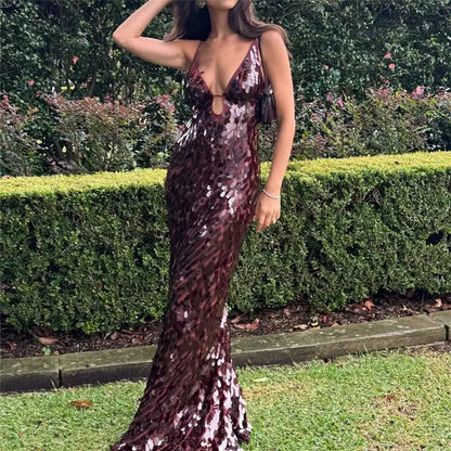 Glitter Sequins Spaghetti Straps Women's Long Maxi Dress Sleeveless Backless High Waist Sexy Evening Birthday Party Gown