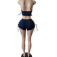 Shirring Decoration Denim 2 Piece Set Women Halter Low-Neck Backless Tops+Skinny Shorts Hottie Street Fashion Suits
