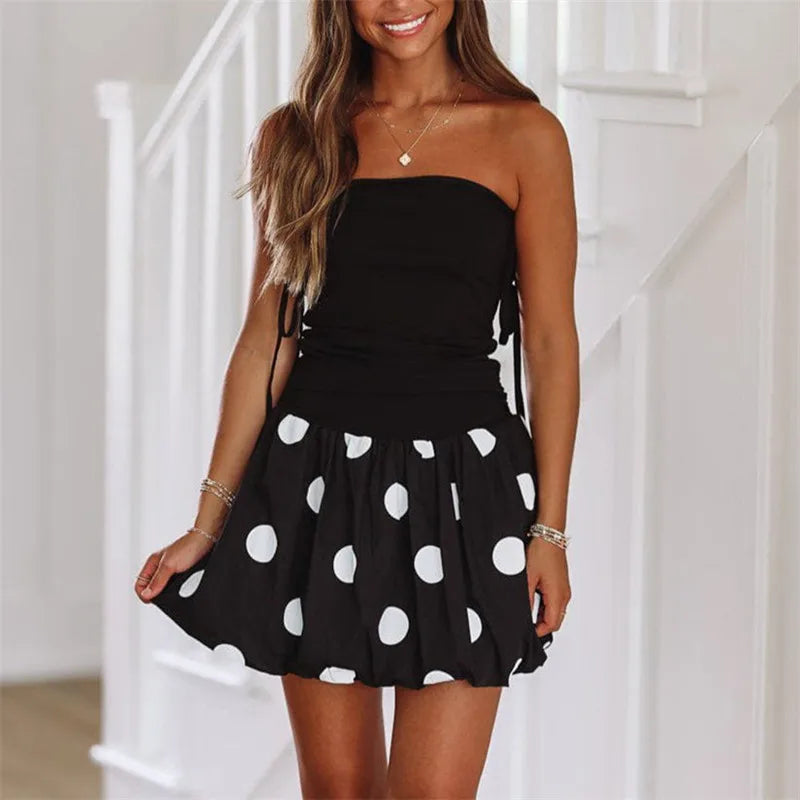 Women Mini Dress Dot Print Side Drawstring Tube Dress Summer Fashion Backless Casual Balloon Dress Strapless Dress
