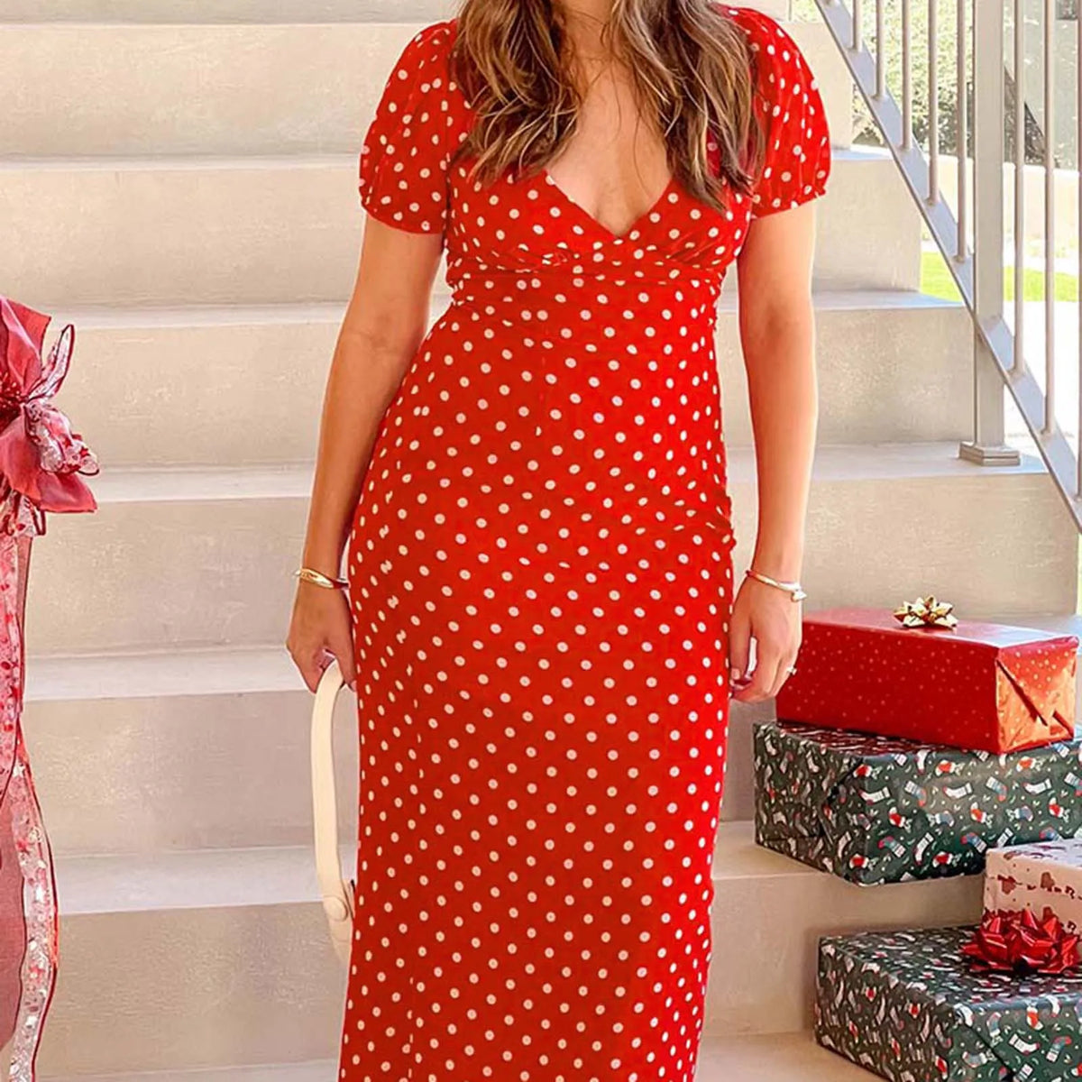 Women Summer Slim Long Dress Fashion Red Short Sleeve Deep V Neck Dot Print Party Dresses Holiday Beachwear