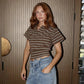 Casual Brown Striped Tops Short Sleeve V Neck T Shirt 2026 Summer Women Vintage Style Clothing