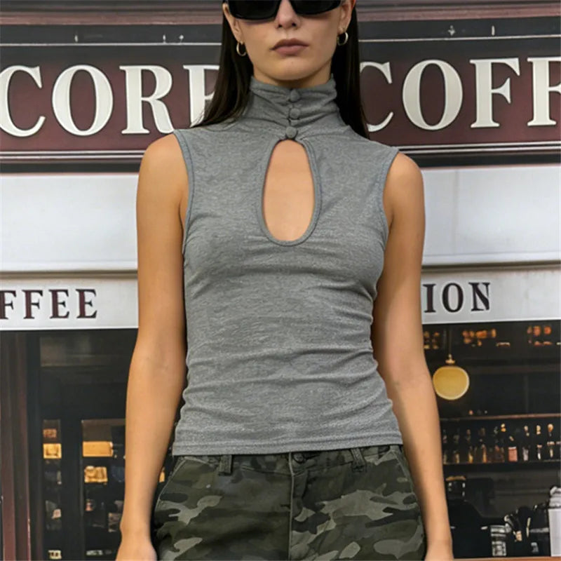 Keyhole Cutout Tops for Women Y2K Mandarin Collar Shirt Sexy Fitted Hollow Out Tank Summer Fashion Going Out Tops