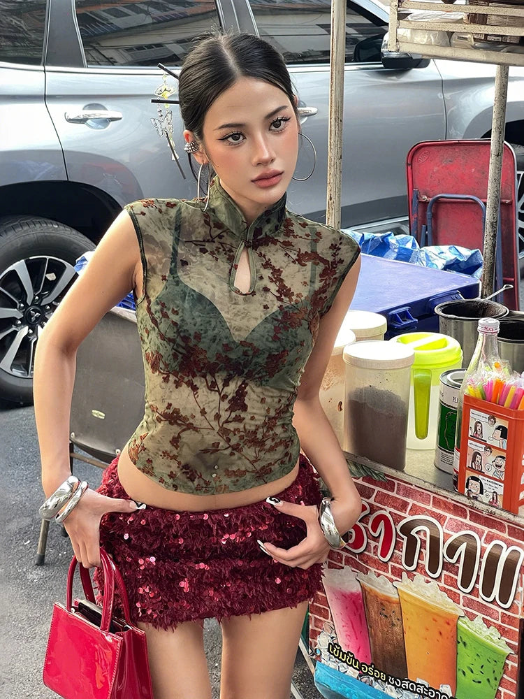 Slim Tank Top Women  Leisure Sexy See Through Sleeveless Plum Blossom Print Fashion Hottie Stretch Trend Street Club Vest