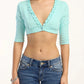 Women Y2K Ruffle Deep V Crop Top 3/4 Sleeve Single Button Slim Fit Short Blouse Summer Casual Going Out T-shirt Female