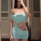 Sexy Chic Hollow Dress Women Cross Simple Ruched Patchwork Slash Neck Wild Trend Stretch Party Club Peach Hip Bodycon